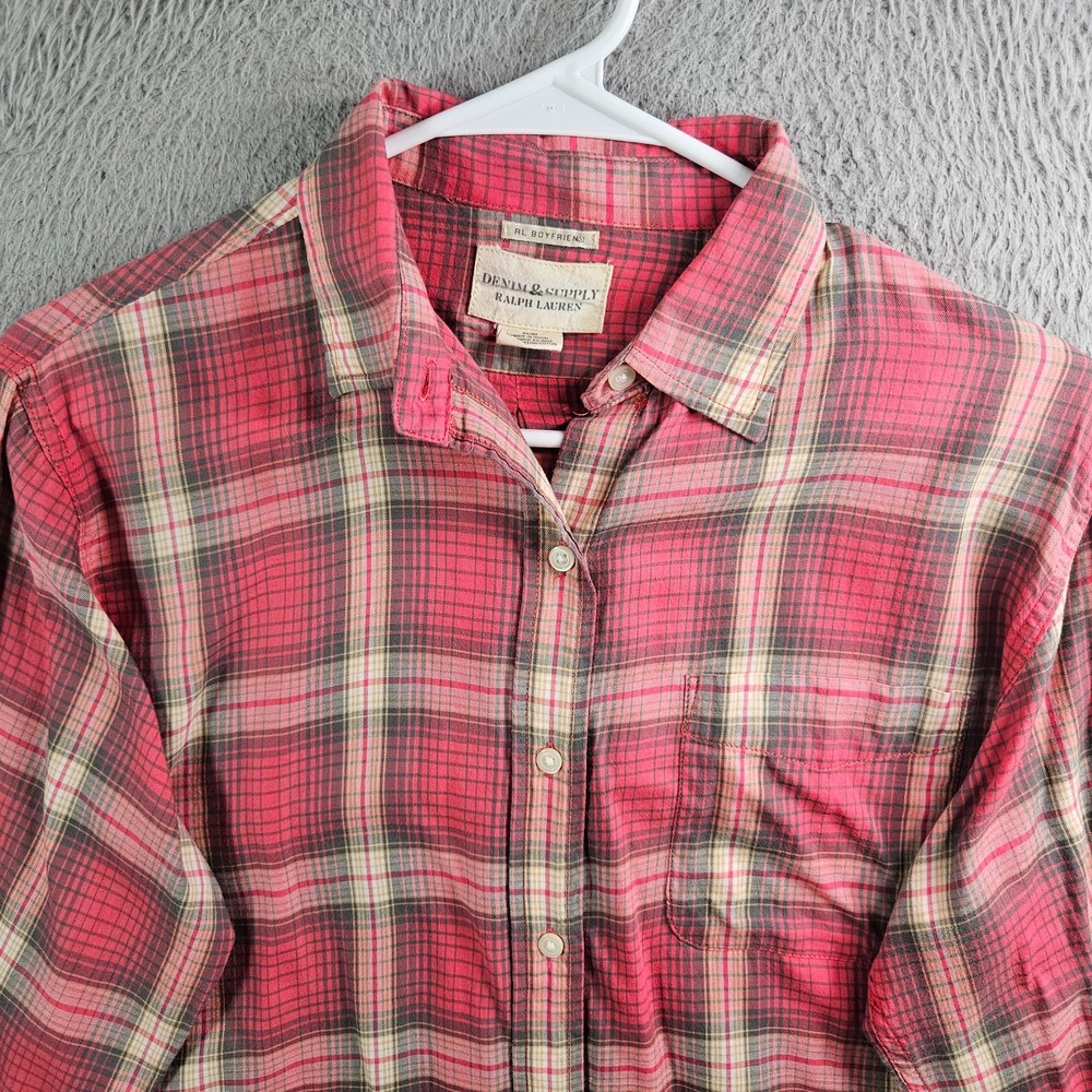 Denim & Supply Ralph Lauren Boyfriend‎ Shirt Women Medium Long Sleeve Red Plaid - Picture 3 of 10